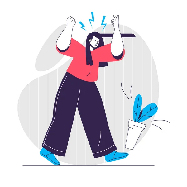 Anger emotion web concept. Woman screaming and kicks plant. Expression negative feelings people scene. Flat characters design for website. Vector illustration for social media promotional materials — Stock Vector