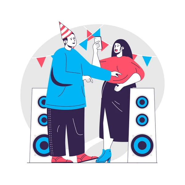 Birthday party web concept. Couple listening to music and having fun. Holiday celebrating people scene. Flat characters design for website. Vector illustration for social media promotional materials — Stock Vector