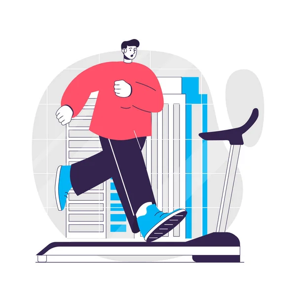 Conceito de fitness web. Homem a correr numa esteira, a treinar cardiologia. Esporte exercício na cena de pessoas de ginásio. Design de caracteres planos para o site. Ilustração vetorial para materiais promocionais de mídia social — Vetor de Stock