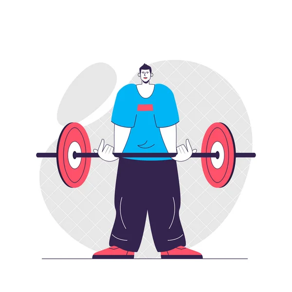 Fitness web concept. Man raises barbell, engaged in bodybuilding. Sport exercising at gym people scene. Flat characters design for website. Vector illustration for social media promotional materials — Stock Vector