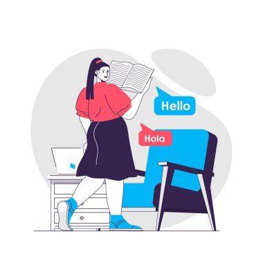 Dil kursu web konsepti. Kadın ders kitabı okuyor, İspanyolca öğreniyor, kulüpte konuşuyor. Eğitimli insanlar sahnesi. Web sitesi için düz karakter tasarımı. Sosyal medya tanıtım materyalleri için vektör illüstrasyonu