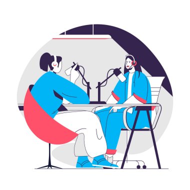 Podcast web konsepti. Stüdyoda konuşan ve ses yayını yapan kadınlar. Canlı yayın yapan insanlar sahnesi. Web sitesi için düz karakter tasarımı. Sosyal medya tanıtım materyalleri için vektör illüstrasyonu