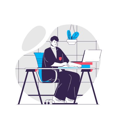 Okul web konsepti. Öğrenci masa başında oturuyor, bilgisayar okuyor, ödev yapıyor. Eğitimli insanlar sahnesi. Web sitesi için düz karakter tasarımı. Sosyal medya tanıtım materyalleri için vektör illüstrasyonu