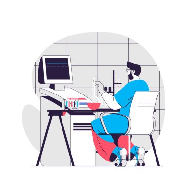 Bilim Araştırma web sitesi konsepti. Bilim adamı matarada kimyasal deney yapıyor. Laboratuvardaki insanlar. Web sitesi için düz karakter tasarımı. Sosyal medya tanıtım materyalleri için vektör illüstrasyonu