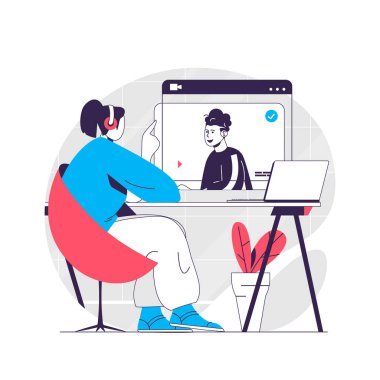 Video dersi web konsepti. Webinar ya da video kursları izleyen bir kadın. Çevrimiçi eğitim insanları sahnesi. Web sitesi için düz karakter tasarımı. Sosyal medya tanıtım materyalleri için vektör illüstrasyonu