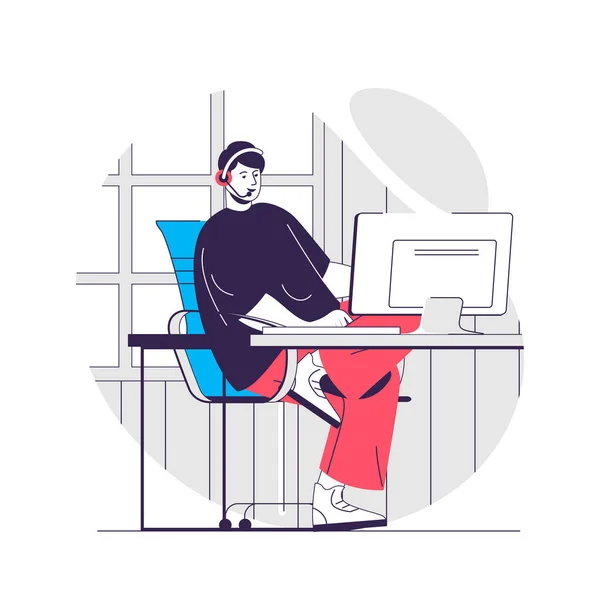 Centro de suporte web concept. O operador em fones de ouvido aconselha clientes no computador. Cena de pessoas do call center. Design de caracteres planos para o site. Ilustração vetorial para materiais promocionais de mídia social — Vetor de Stock