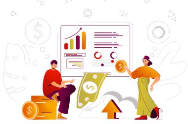 Sanal finans web konsepti. Çevrimiçi bankacılık, muhasebe, para transferi. Web sitesi için düz çizgi karakter tasarımlı insanlar sahnesi. Sosyal medya tanıtım materyalleri için vektör illüstrasyonu