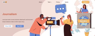 Gazetecilik web konsepti. Televizyon programı kaydı, haber programı, gazeteci haber sahnesi. Düz çizgi karakter dizaynlı pankart şablonu. Sosyal medya tanıtım materyalleri için vektör illüstrasyonu