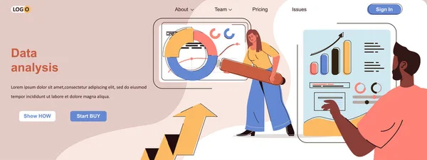 Datenanalyse Webkonzept. Business Analytics, Buchhaltung, Forschungsstatistik Szene. Banner Vorlage mit flachen Linien Zeichen Design. Vektor-Illustration für Social-Media-Werbematerialien — Stockvektor