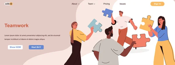 Teamwork Webkonzept. Kollegen mit Rätseln arbeiten zusammen und entwickeln die Geschäftswelt. Banner Vorlage mit flachen Linien Zeichen Design. Vektor-Illustration für Social-Media-Werbematerialien — Stockvektor