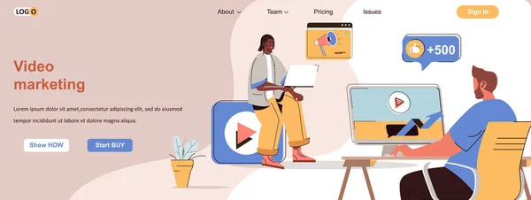 Concept web de marketing vidéo. Stratégie de promotion en ligne réussie avec vidéo blog scène. Modèle de bannière avec dessin de caractères à ligne plate. Illustration vectorielle du matériel promotionnel des médias sociaux — Image vectorielle