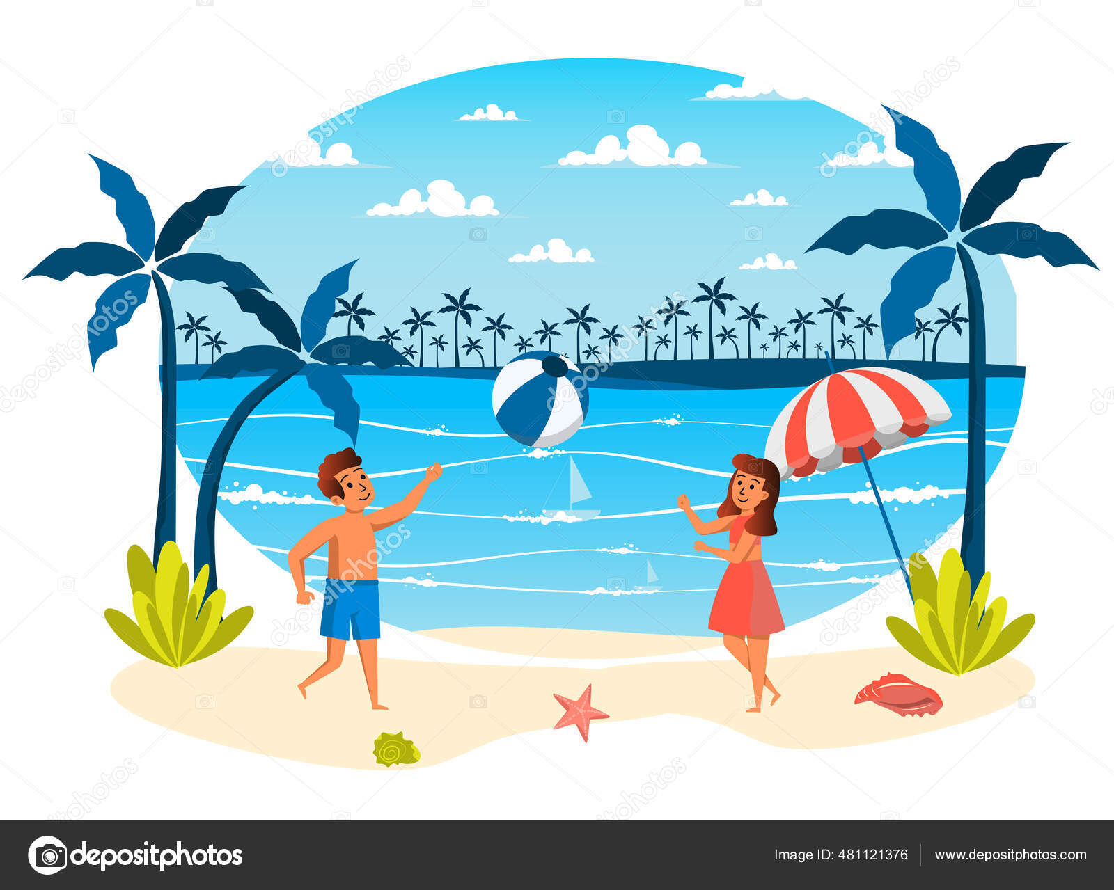 festa na praia. atividades de férias de verão. jovens jogando vôlei na  costa arenosa e ouvindo música. esporte, tropical, verão. jogo de bola.  11432561 Vetor no Vecteezy