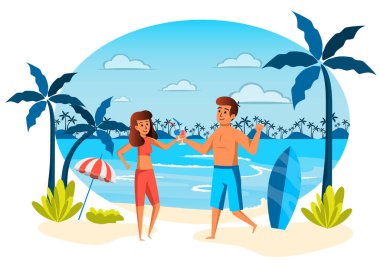 Summer vacation isolated scene. Man and woman resting at seaside resort, recreation at tropical island. Couple drinking cocktails and sunbathing on beach. Vector illustration in flat cartoon design