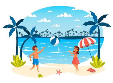 Summer vacation isolated scene. Girl and boy playing ball on beach. Children doing sport activities, resting at seaside resort, recreation tropical island. Vector illustration in flat cartoon design
