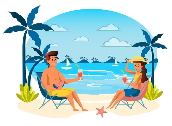 Summer vacation isolated scene. Couple drinking cocktails, eating watermelon and sunbathing at loungers on beach. Man and woman resting at seaside resort. Vector illustration in flat cartoon design — ストックベクタ