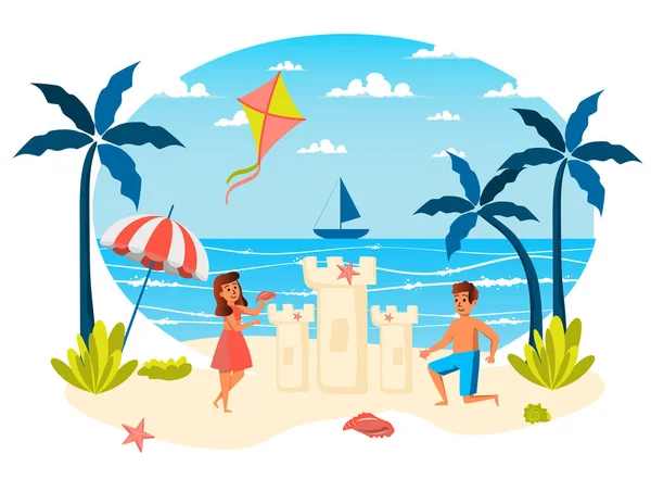 Vacanza estiva isolato scena. Ragazza e ragazzo costruzione castello di sabbia, giochi sulla spiaggia. Bambini che riposano in località balneare, ricreazione isola tropicale. Illustrazione vettoriale in disegno del fumetto piatto — Vettoriale Stock