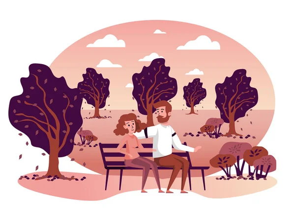 Pareja sentada en el banco en el parque de otoño escena aislada. Hombre y mujer abrazándose y pasando tiempo juntos al aire libre. Paisaje otoñal y actividades estacionales. Ilustración vectorial en diseño plano de dibujos animados — Archivo Imágenes Vectoriales