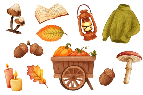 Autumn stickers set. Bundle of objects - mushrooms, book, old oil lamp, sweater, acorn, wooden pumpkin cart, candles, leaves. Fall season. 3d illustration with isolated elements in realistic design — Stockfoto