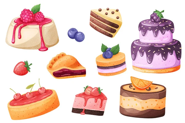 Cakes stickers set. Bundle of objects sweets and confectionery. Cakes and pies with raspberries, strawberries, blueberries, orange, cherries. 3d illustration with isolated elements in realistic design