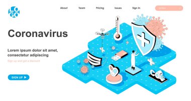 Coronavirus isometric concept. Stop pandemic covid-19, doctor fights virus, protection against infection and treatment, line flat isometry web banner. Vector illustration in 3d design for landing page