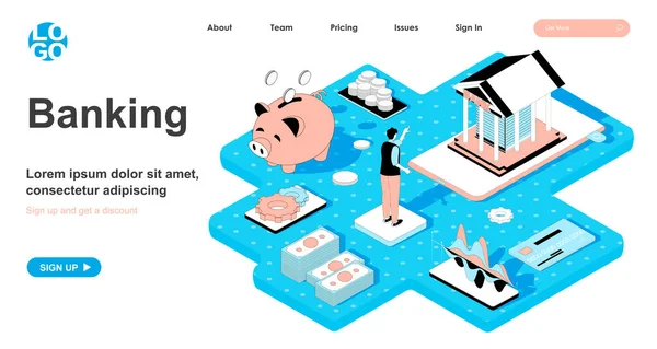 Banking isometric concept. Cash transactions, savings in piggy bank, financial analytics, profit growth and accounting, line flat isometry web banner. Vector illustration in 3d design for landing page — Stok Vektör