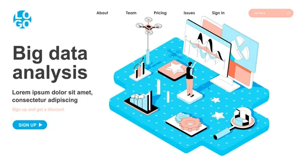 Big data analysis isometric concept. Analyst presents report of business statistics, company indicators development, line flat isometry web banner. Vector illustration in 3d design for landing page — ストックベクタ