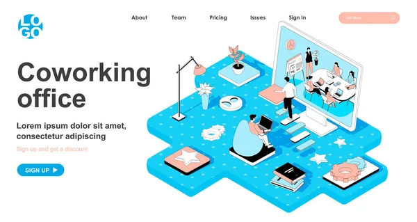 Coworking office isometric concept. Business meeting of company employees, freelancer works in open office workplace, line flat isometry web banner. Vector illustration in 3d design for landing page — Stok Vektör