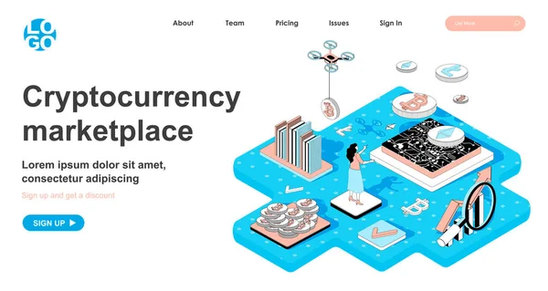 Cryptocurrency marketplace isometric concept. Woman sells or buys bitcoins, makes digital money, crypto business, line flat isometry web banner. Vector illustration in 3d design for landing page — ストックベクタ