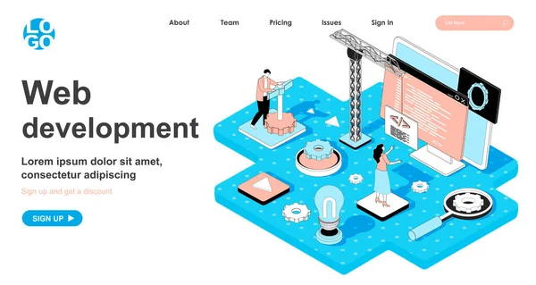 Web development isometric concept. Developers building website, writing code, testing, customize and optimize page, line flat isometry web banner. Vector illustration in 3d design for landing page — Stok Vektör