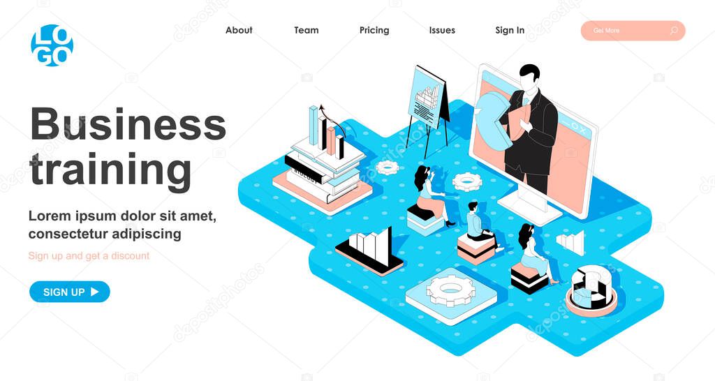Business training isometric concept. Coach teaches company employees, professional development courses, education line flat isometry web banner. Vector illustration in 3d design for landing page