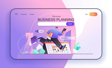 İniş sayfası için iş planlama konseptin bu. Çalışanların işleri, yapılacaklar listesi, toplantı takvimi ofis web pankartı şablonu. Web sayfası için düz çizgi film tasarımında vektör illüstrasyonu