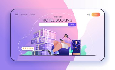 İniş sayfası için otel rezervasyon konseptin. Tatil web pankartı şablonu için gezici oda ya da daire rezervasyonu. Web sayfası için düz çizgi film tasarımında vektör illüstrasyonu