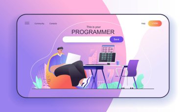 İniş sayfası için programcı konseptin bu. Geliştirici dizüstü bilgisayarda çalışır, bilgisayarda kod yazar, web afiş şablonu oluşturur. Web sayfası için düz çizgi film tasarımında vektör illüstrasyonu