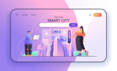 Bu senin Smart City iniş sayfası konseptin. Şehir manzarası, modern şehir altyapısı, kablosuz yönetim teknolojileri web pankartı şablonu. Web sayfası için düz çizgi film tasarımında vektör illüstrasyonu