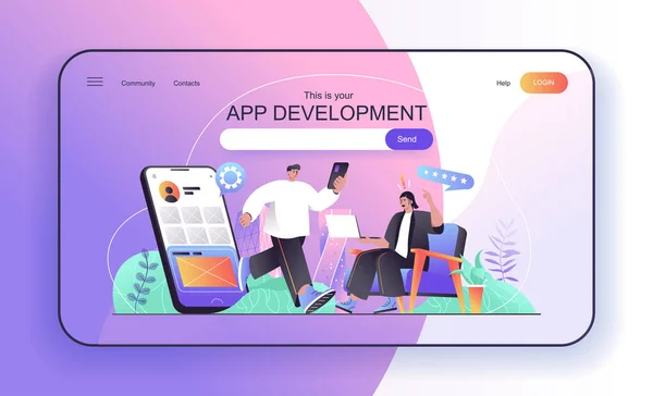 Este é o seu conceito de desenvolvimento de aplicativos para landing page. Os desenvolvedores criam e otimizam aplicativos e programas móveis modelo de banner web. Ilustração vetorial em desenho animado plano para página da web —  Vetores de Stock