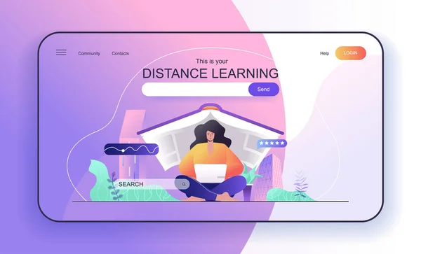 これは着陸ページのためのあなたの距離学習概念です。ラップトップで勉強する女性学生,オンライン教育,電子学習のWebバナーテンプレート.ウェブページのためのフラット漫画のデザインのベクトルイラスト — ストックベクタ