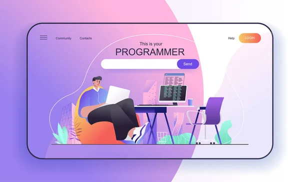 Este es tu concepto de Programador para landing page. Desarrollador trabaja en el ordenador portátil, escribe código en el ordenador, crea programas de plantilla de banner web. Ilustración vectorial en diseño plano de dibujos animados para página web — Vector de stock