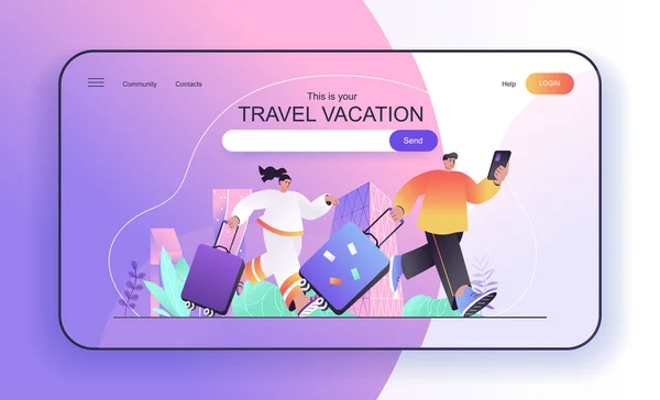 Este é o seu conceito de férias de viagem para landing page. Casal com malas viajando, os viajantes com bagagem ir em modelo de banner web viagem. Ilustração vetorial em desenho animado plano para página da web —  Vetores de Stock