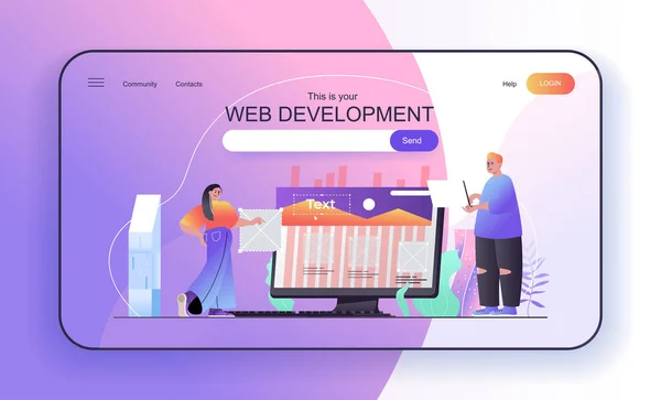 This is your Web Development concept for landing page. Designers create page layout, programming, optimization and testing web banner template. Vector illustration in flat cartoon design for web page — Stock Vector