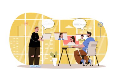 Müşteri desteği web karakter konsepti. Teknik destek servisi. Operatörler çağrıları alır ve ofisteki izole edilmiş kişilerle çevrimiçi mesajlara cevap verirler. Düz dizaynlı insanlarla vektör illüstrasyonu
