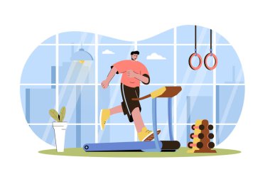 Fitness web karakter konsepti. Koşu bandında koşan bir adam. Spor salonunda kardiyo antrenmanı yapan bir sporcu. Kulüp izole edilmiş bir yerde insanlarla spor yapıyor. Düz dizaynlı insanlarla vektör illüstrasyonu