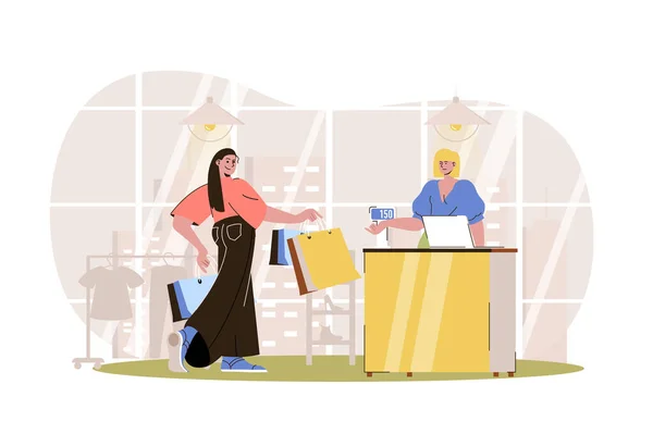 Conceito de personagem de compras web. Uma mulher com sacos paga as suas compras no check-out. Cliente compra roupas em boutique, cena isolada com pessoas. Ilustração vetorial com pessoas em design plano —  Vetores de Stock