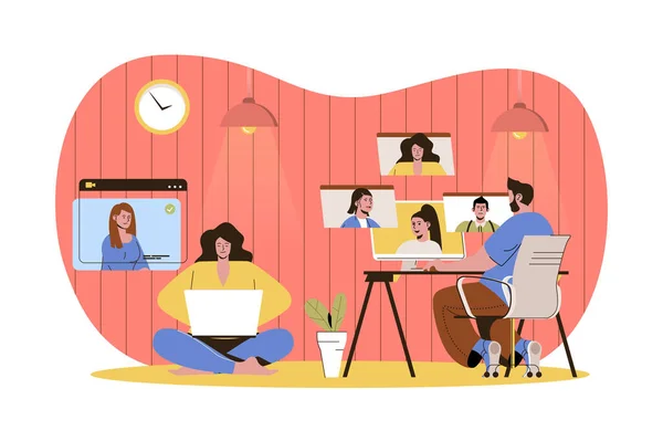 ビデオチャットのウェブキャラクターの概念。ビデオ会議で話す女性と男性、友人や同僚とのオンライン会議は、人と孤立したシーン。フラットデザインの人々とベクトルイラスト — ストックベクタ