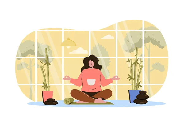 Yoga в домашній концепції веб-персонажів. Жінка медитує, сидячи в позиції лотоса, практикує асану, навчає пам'яті, розслаблює, відокремлює сцену з людьми. Візуальне зображення з людьми з плоским дизайном. — стоковий вектор