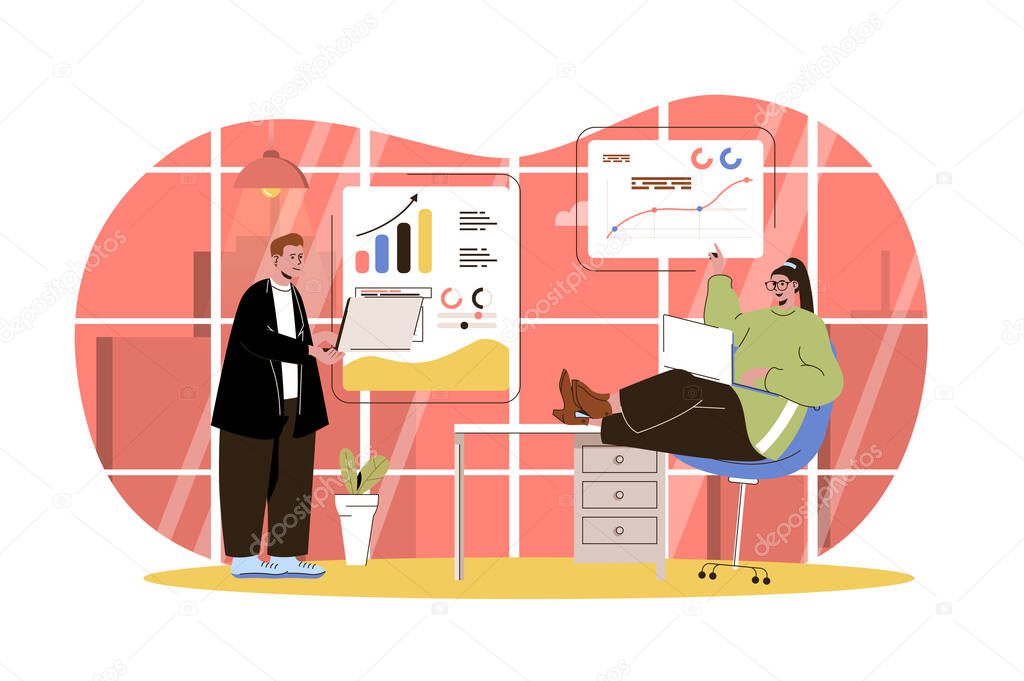 Big data analysis web character concept. Marketing team analyzes data, financial statistics, business analytics in office, isolated scene with person. Vector illustration with people in flat design