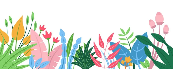 Sommar natur bakgrund med blommönster koncept. Horisontell web banner med blommande blommor och blad. Färgglada botaniska gränsen isolerad. Vektorillustration i platt design för webbplats — Stock vektor