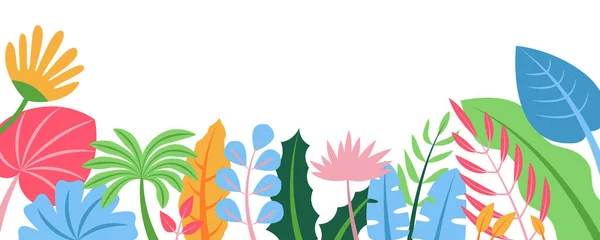 具有花卉图案概念的夏季自然背景.横向网页横幅与五彩斑斓的叶子和植物。装饰植物边界隔离。网站平面设计中的矢量图解 — 图库矢量图片