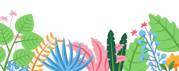 Sommar natur bakgrund med blommönster koncept. Horisontell web banner med blad och blommor element. Trädgårdsarbete abstrakta växter gränsen. Vektorillustration i platt design för webbplats — Stock vektor