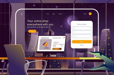 Senin konseptinle her yerde online dükkan var. Çevrimiçi mağaza web sitesinden alışveriş. Mal seçimi, satın alma ve teslimat için ödeme. İniş sayfası için düz tasarım vektör illüstrasyonu