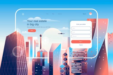 Büyük şehir konseptinde gayrimenkul. Emlak ajansının web sitesi düzeni. Gökdelenlerdeki apartmanların inşaatı, alımı ve satışı. İniş sayfası için düz tasarım vektör illüstrasyonu